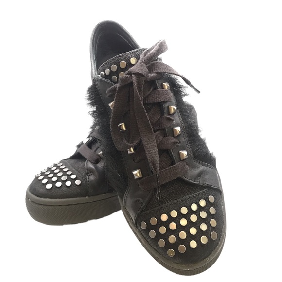 UGG BLACK STUDDED FUR LACE-UP Biker Chic LEATHER PLATFORM SHOES! SIZE 7! - Picture 13 of 14